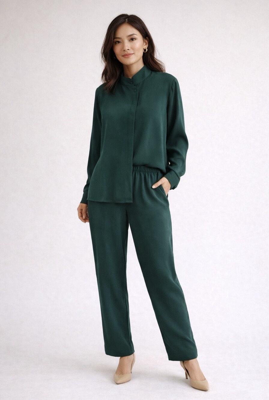 Vintage 90s Emerald Green 100% Silk 2 Piece Set Petite Medium Blouse Pants